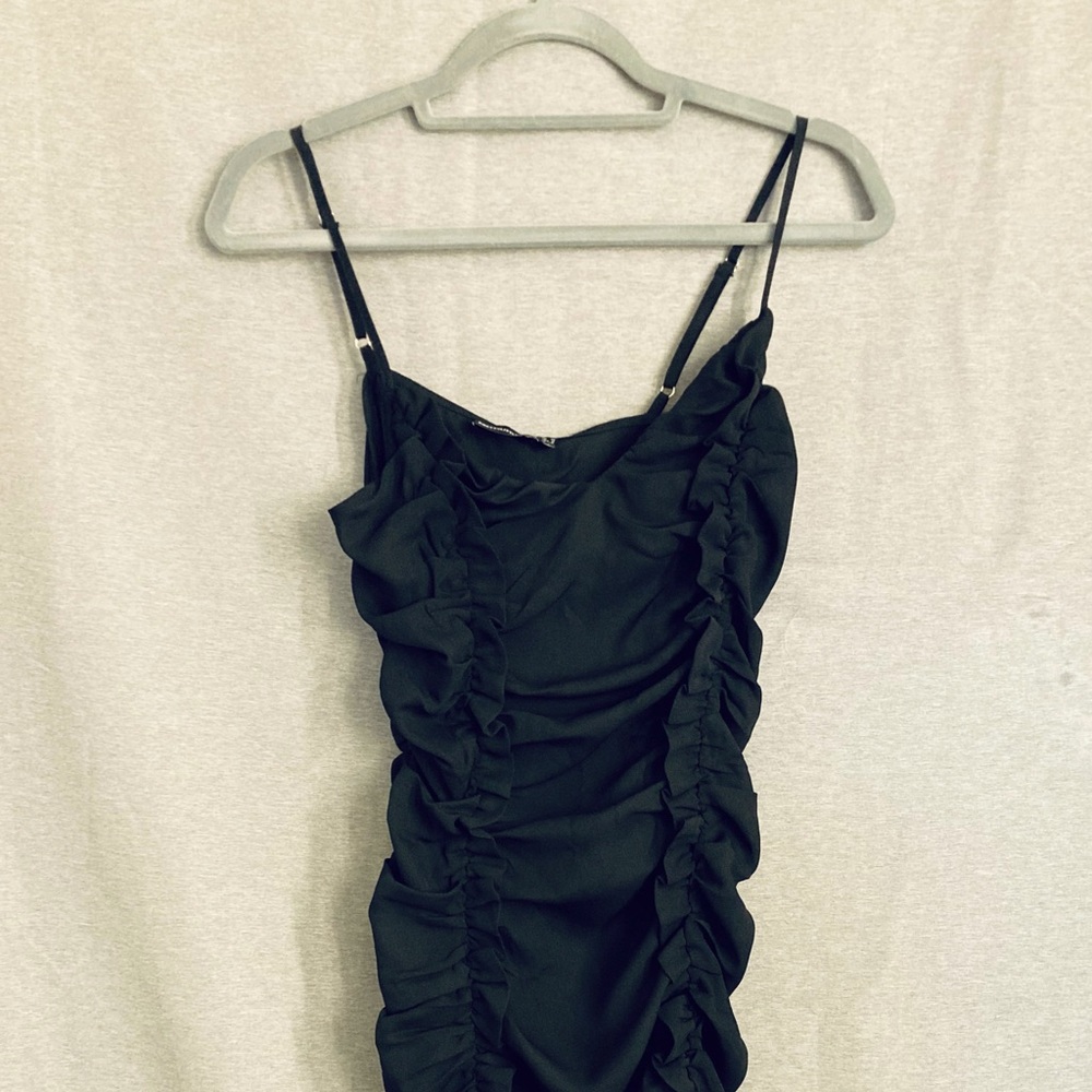 Prettylittlething Black Shiffon Plunge Ruched Dress. US Size 6. New With Tag